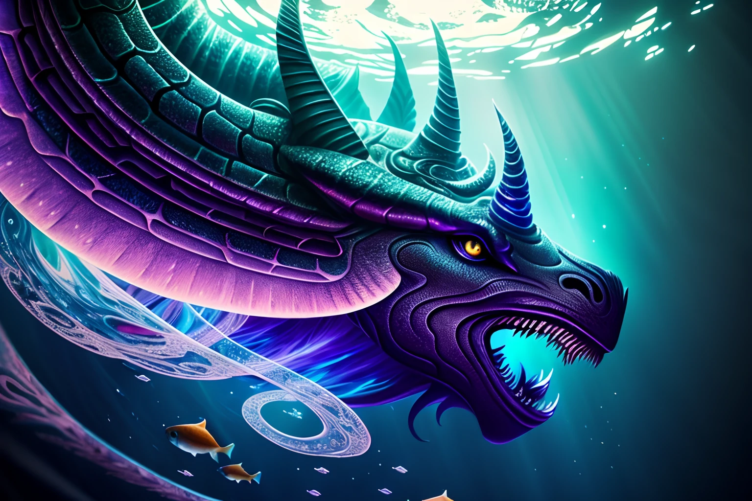mythical fantasies monster of fused black unicorn and serpent and fish, from above, glow smoke eyes, power of eyes, in the deep sea bottom detailed, covered in swirls, rich colors, conceptual contrast, holiness, dignity atmosphere, sense of awe, symphonic, holographic rendering, sensitive detailed texture, swimming, chromatic aberration, in the style of ethereal fantasy, grunge, details that create a sense of reality, intense, iridescent, tachism, abyss, beauty beauty, (included concept illustration:1.1), all captured in sharp focus, rendered in stunning 32k resolution, super fine detail and hyper real texture, highest quality,