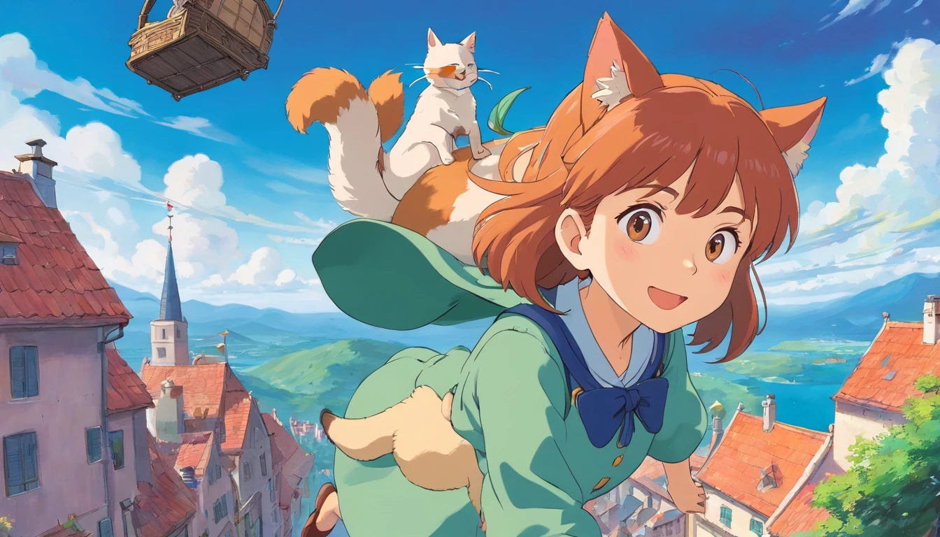 Fantasy painting，Witch's Delivery Service,Girl Flying in the Sky,Holding a cute big fat cat，Ghibli style,Background in Croatia