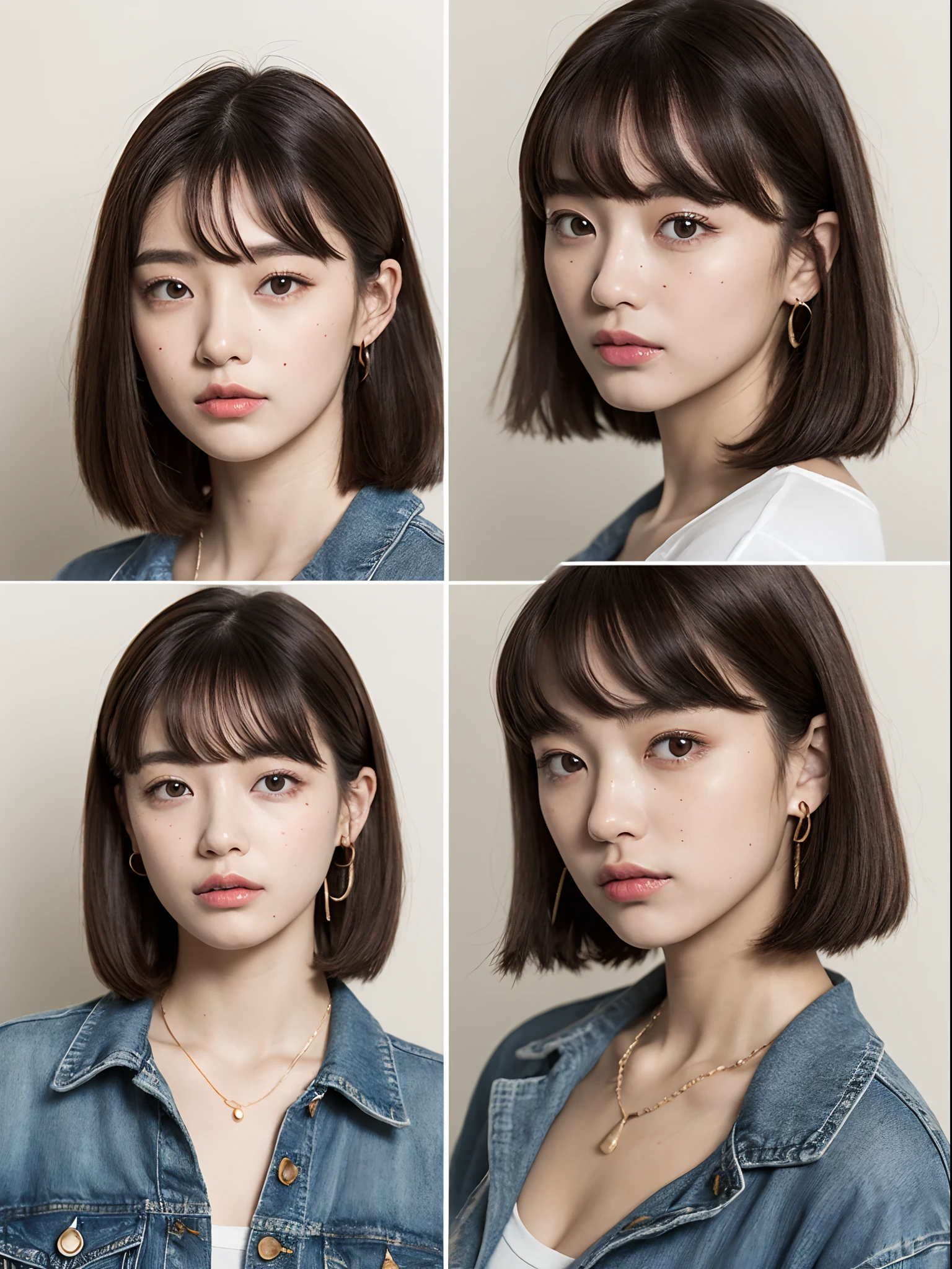 top-quality:1.3、​masterpiece、hight resolution、［1 girl in］、｛独奏｝、Raw photo、Real person、Photo of a seductive woman with a loose style of brown hair, Pose in the room, tedium, mascara, ,(Textured skin, Skin pores:1.1), (Mole:0.8), (Imperfect skin:1.1) intricate detailes, goose bumps, face perfect, (hitornfreckles:0.9), ((Photorealsitic):1.1), (Unripe, 8K:1.2), murky, Subdued Color,、Detailed skin、japanes、thin bunches of bangs、bob、fullllbody、denim jackets、White T-shirt underneath、catchlight、piercings、a necklace、white walls