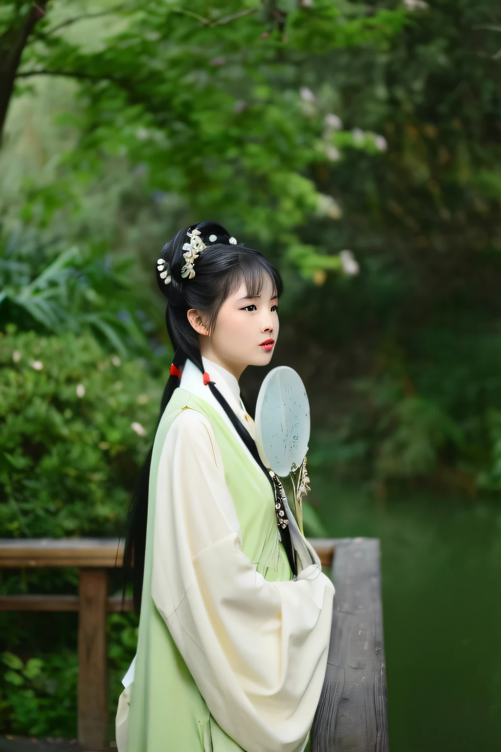 Arad woman in a green and white dress holding a fan, Palace , A girl in Hanfu, Hanfu, Wearing ancient Chinese clothes, White Hanfu, with acient chinese clothes, Traditional Chinese clothing, Chinese costume, white hime cut hairstyle, Chinese traditional, ancient chinese beauti, Princesa chinesa antiga, with ancient chinese aesthetic, traditional tai costume