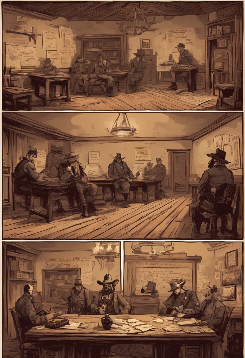 (best quality,4k,8k,highres,masterpiece:1.2),ultra-detailed,(realistic,photorealistic,photo-realistic:1.37),red dead redemption 2 artwork style,dark room,1899 western style,sheriff office,sheriff office decoration, 6 sheriffs standing in front of a table,sheriff hat,sheriff badge,wooden desk,oil painting texture,vintage atmosphere,vibrant colors,soft lighting,Wanted posters hanging on the wall,old wooden walls and floors,strong shadows,leather chairs,dusty air,aged artifacts,authentic costumes,cowboy boots,revolver holsters,jail cells in the background,old documents on the desk,authentic western rifles,antique furniture,sunlight streaming through the window,whiskey bottles on the table,handwritten letters,fireplace with a flickering flame,a painting of the wild west landscape in the background,6 men, 6 sheriffs standing
