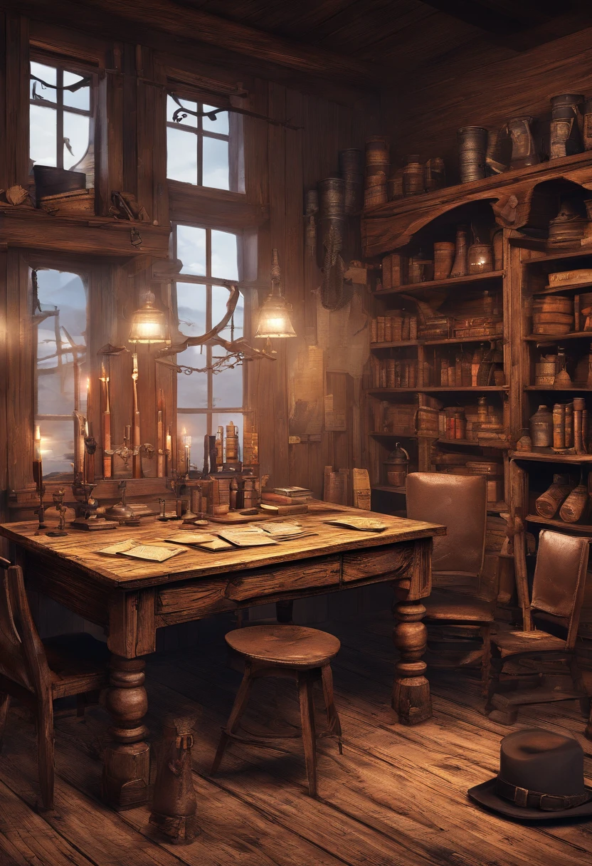 (best quality,4k,8k,highres,masterpiece:1.2),ultra-detailed,(realistic,photorealistic,photo-realistic:1.37),red dead redemption 2 artwork style,dark room,1899 western style,sheriff office,sheriff office decoration, 6 sheriffs standing in front of a table,sheriff hat,sheriff badge,wooden desk,oil painting texture,vintage atmosphere,vibrant colors,soft lighting,Wanted posters hanging on the wall,old wooden walls and floors,strong shadows,leather chairs,dusty air,aged artifacts,authentic costumes,cowboy boots,revolver holsters,jail cells in the background,old documents on the desk,authentic western rifles,antique furniture,sunlight streaming through the window,whiskey bottles on the table,handwritten letters,fireplace with a flickering flame,a painting of the wild west landscape in the background,6 men, 6 sheriffs standing