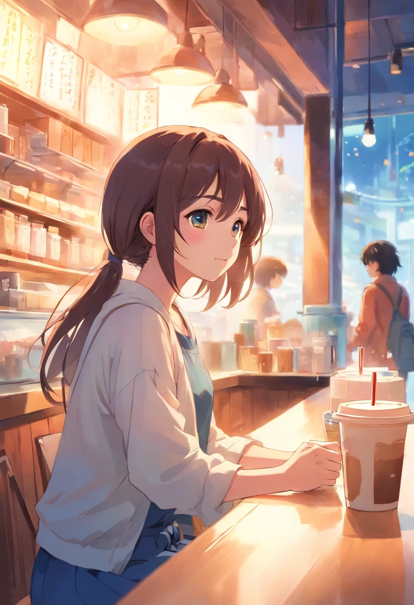 top-quality、tmasterpiece、Soft focus , Bright gradient watercolor , Dreamy , White background、Girl、coffeehouse