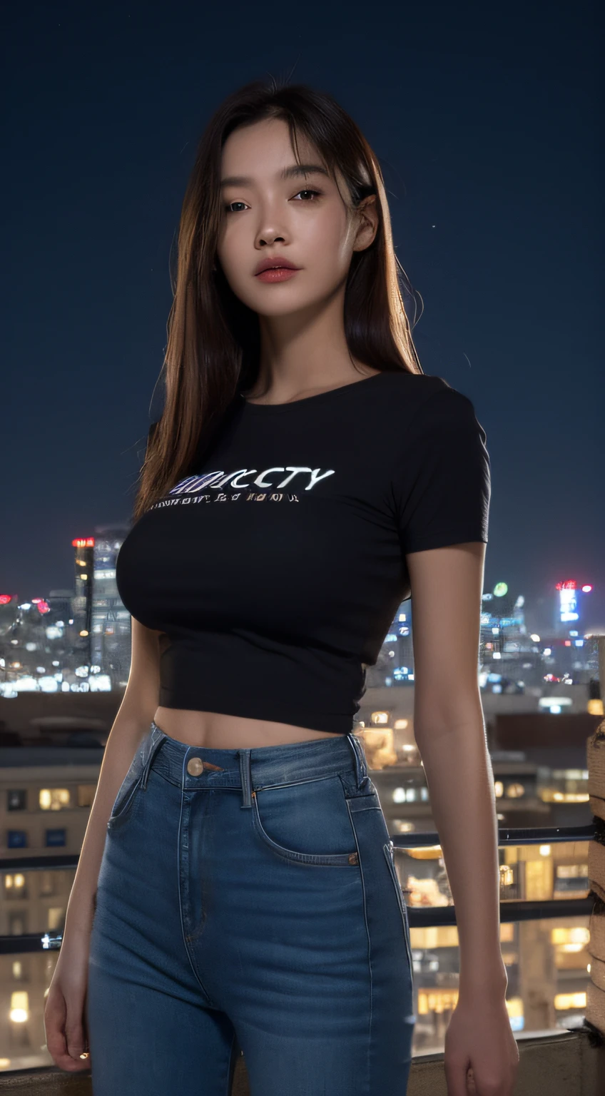 ((mid night、top-quality、8k、masterpiece:1.3)), full bodyesbian, long legged, foco nítido:1.2, Beautiful woman with perfect body shape:1.4, Slender Abs:1.1, ((dark brown hair、huge tit:1.2)), (White tight t-shirt、Tight skinny jeans 、is standing:1.2), ((Night City View、On the rooftop:1.3)), Highly detailed facial and skin texture, A detailed eye, 二重まぶた