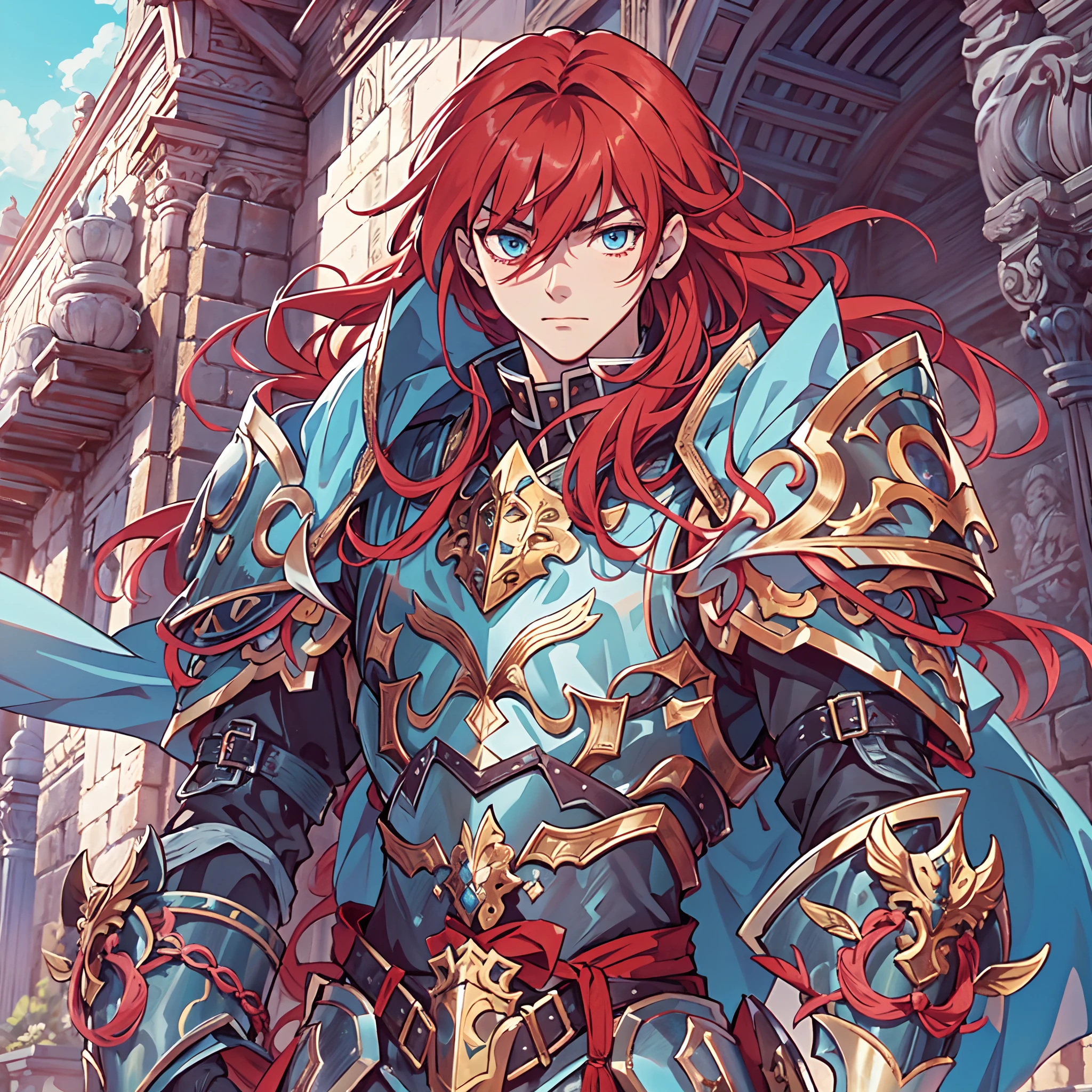Ultra High Definition, Ultra High Quality, Extremely Detailed, Perfectly Detailed, Masterpiece, 8k, 1 Boy, Look A Like Xin From Kingdom Anime, Handsome, Equipped With Paladin Armor, Solid Light Blue Eyes, Long Red Hair, Body Shot, Ancient Kingdom Background