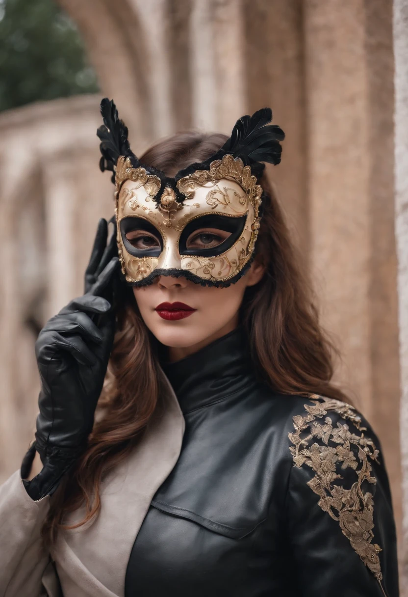 Venetian mask that covers the entire face Black leather gloves trench coat long boots femele