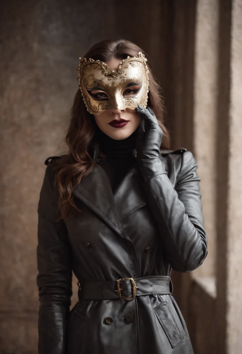 Venetian mask that covers the entire face　Black leather gloves　trench coat　long boots　femele