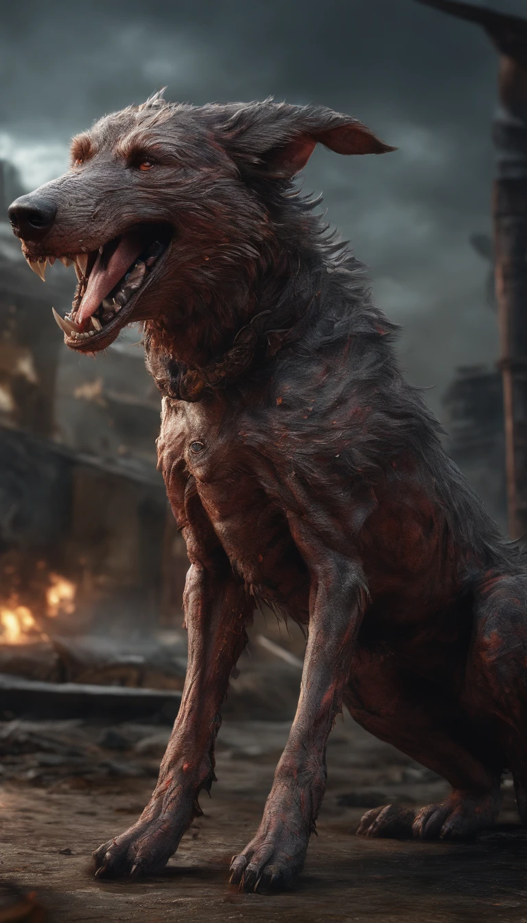 Strange beasts in a fantasy world，Blood，Hellhounds covered in flames，Moon Night，中景 the scene is，Full body like， highly detailed surreal vfx，oc rendered，Shot with 70 mm - AR 16:9 --q 2 --s 1000