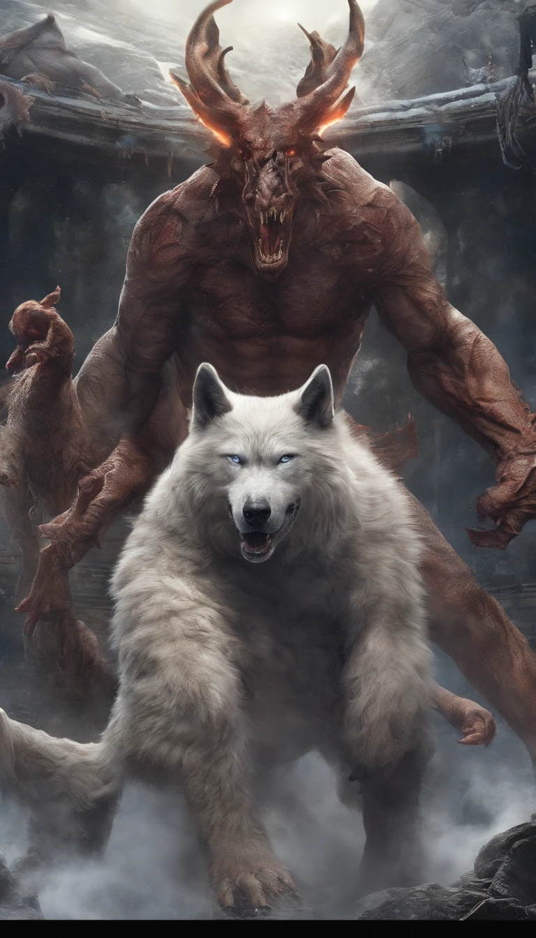 Strange beasts in a fantasy world，Blood，Hellhounds covered in flames，Moon Night，中景 the scene is，Full body like， highly detailed surreal vfx，oc rendered，Shot with 70 mm - AR 16:9 --q 2 --s 1000