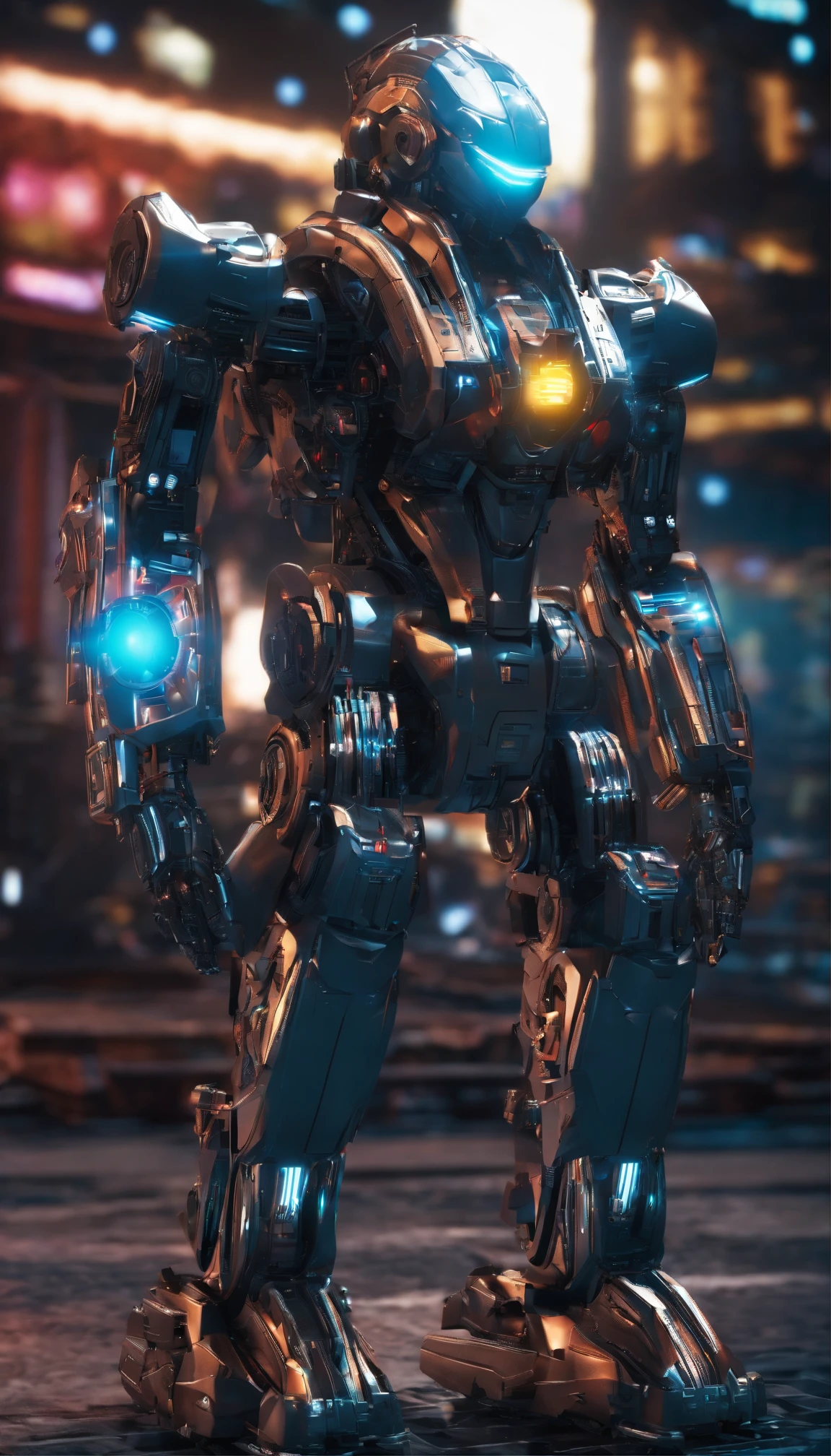 Cyberpunk style scientist，Semi-mechanized scientist，Combat posture，majestic-looking，The feeling of moving forward，Stunning colors。Set in a futuristic cyberpunk style city，the street，People with blurred vision，（Movie lighting），（light and shadow effect），（unreal-engine），（Tyndall），（cinema4d），（Super futuristic fantasy style），（8k wallpaper），（tmasterpiece），（Photography Award），realisticlying