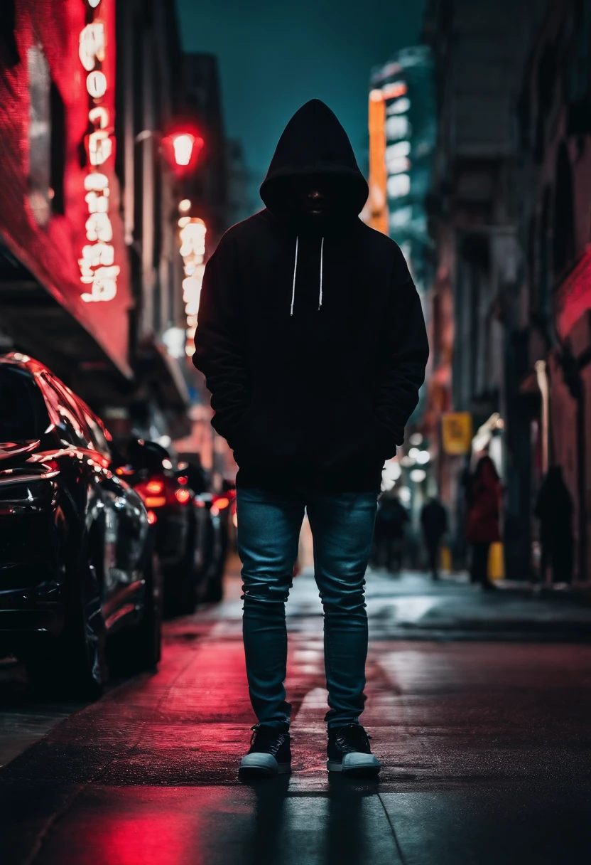 Personagem negro de 15 anos, com cabelo preto curto. Wears black hoodie and jeans. Usa celular preto com tela grande e adesivo de hacker. It's standing on a dark street, olhando para o celular.