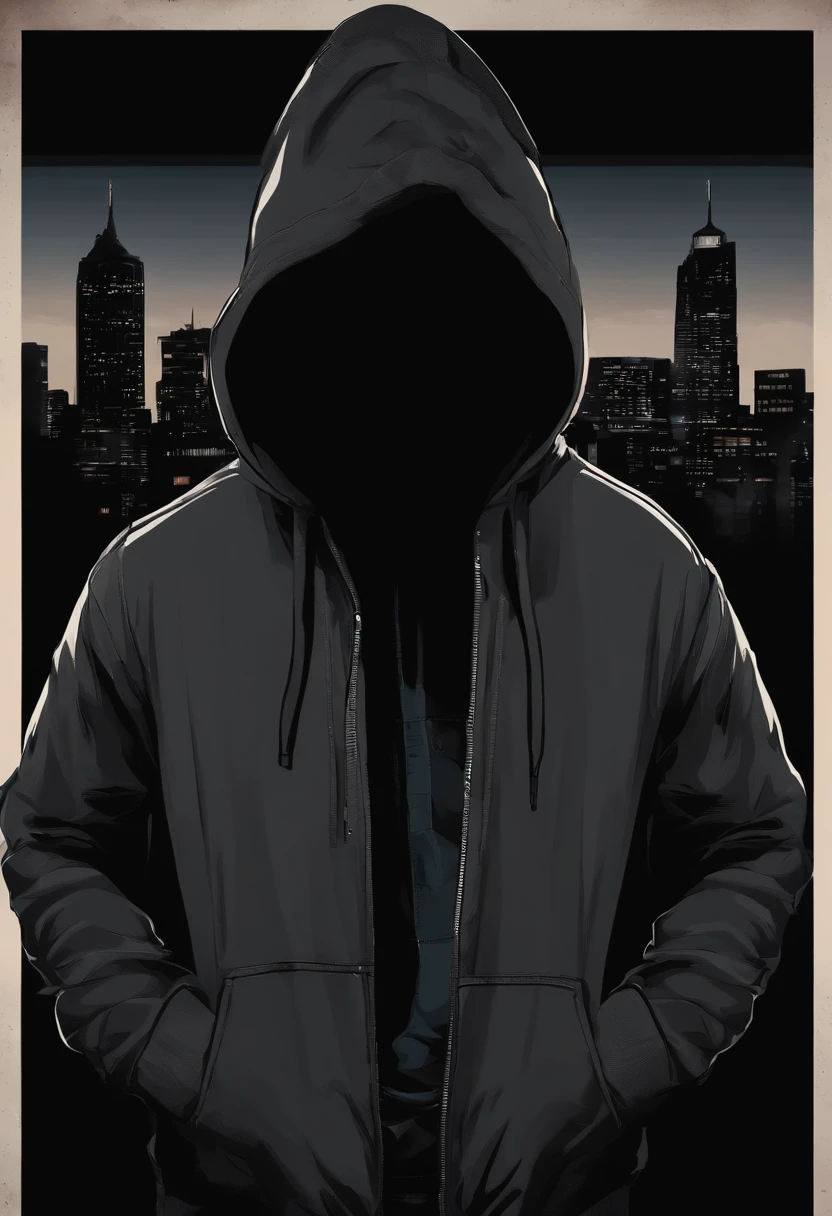 Personagem negro de 15 anos, com cabelo preto curto. Wears black hoodie and jeans. Usa celular preto com tela grande e adesivo de hacker. It's standing on a dark street, olhando para o celular.