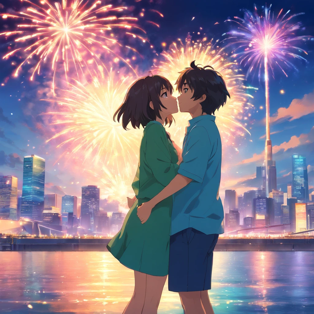 garoto e um agaroto , primeira beijo, na cidade, with fireworks in the shape of a heart, neon, olhos azul e verde, cabelo ruivo e loiro, roupas lindas coloridas