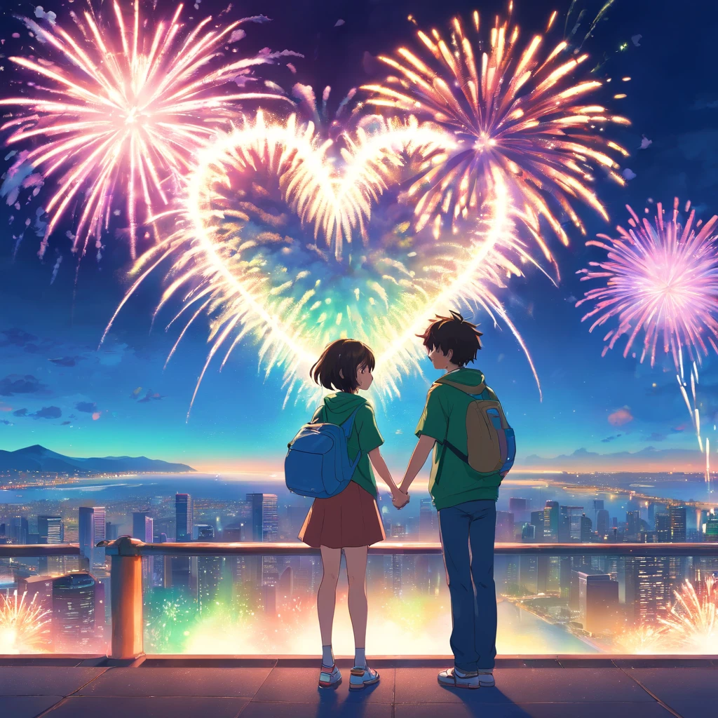 Youth, school rooftop, young men and women, summer, fireworks, beautiful night sky