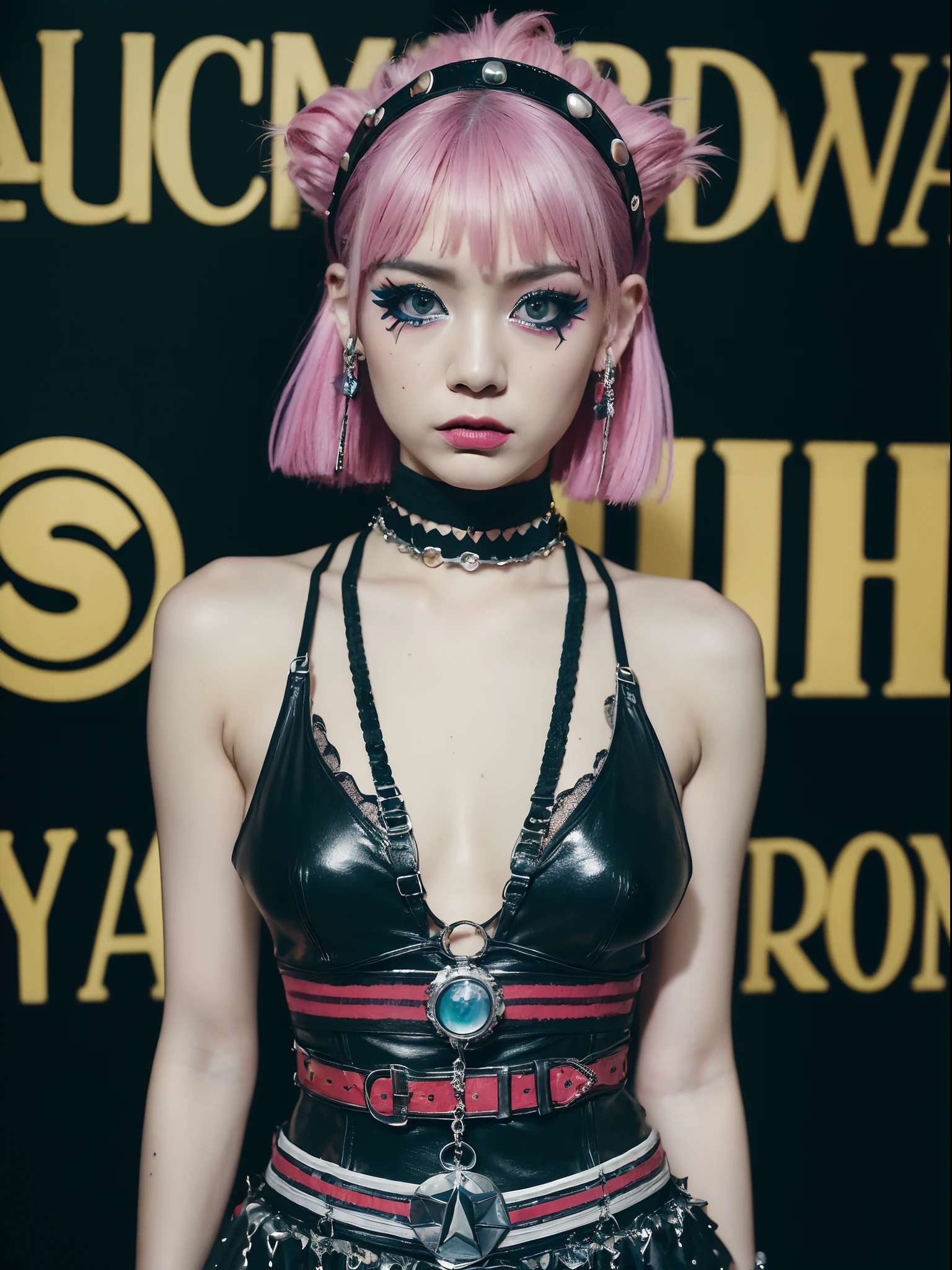 the Extremely Detailed CG Unity 8K Wallpapers、top-quality、ultra-detailliert、masterpiece、studio shoot、Full body portrait、(Dresses in London punk fashion in the 70s:1.4), Studsbelt、Stud Bracelet、a choker、realisitic、Behind the photo、large full breasts、realisitic、Photo Real、extremely detailed cute girl、独奏、17 age、heavy make up、Black eyeshadow、Glaring expression, (Against the backdrop of London's Camden Town:1.4), Punk hairstyle, out of focus、blur、