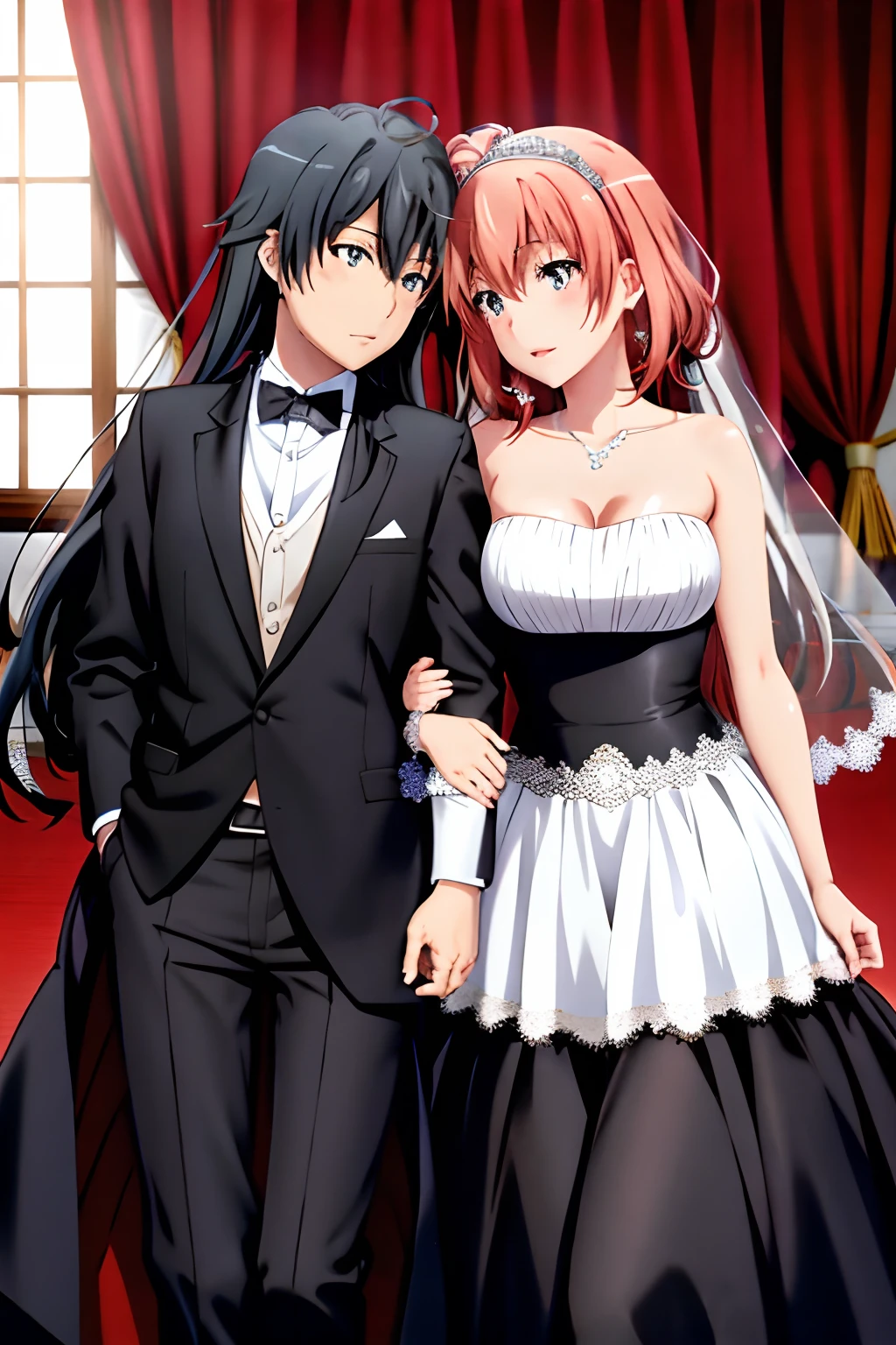 Best Quality,A highly detailed,portrait,anime,soft colors,yukinoshita yukino in a black tuxedo marriage her wife yuigahama yui in wedding Dress, yuri, 2girls