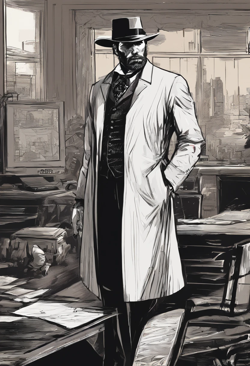(Best quality,A high resolution,Masterpiece:1.2),(Realistic:1.37),Ultra-detailed,Red Dead Redemption 2 art style,Detective Pinkerton,Detective Pinkerton in a suit,Western city in 1907,Saint-Denis,In a dark room,Six Pinkerton agents stood at a table,Pinkerton Detective Office Room,black in color