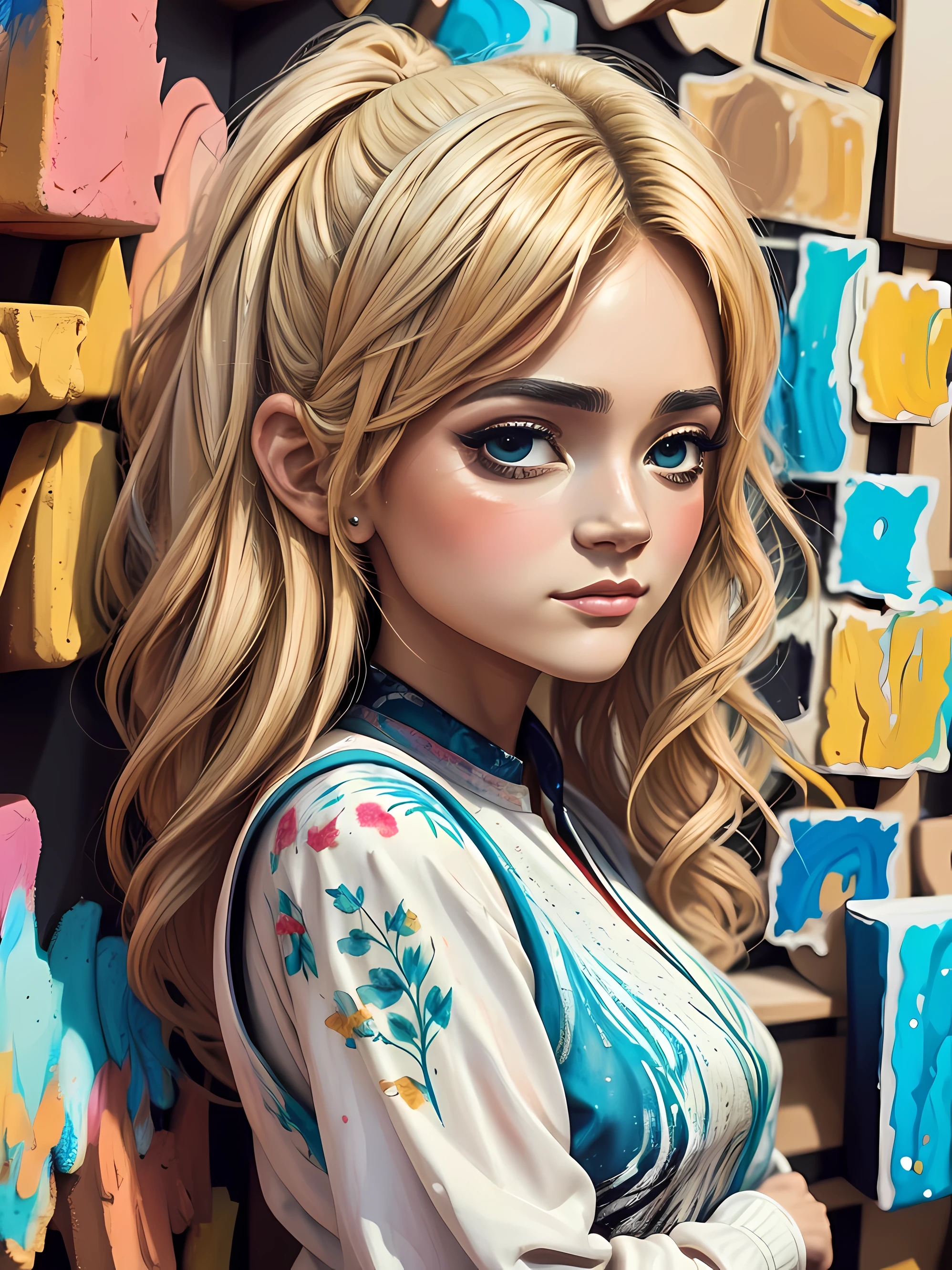 (((Arte poligonais simplificadas))), showing abstract and modern aesthetic of A woman with beautiful blonde hair wearing a cold winter blouse, (((pintura em arte poligonal abstrata))), beleza abstrata, Centrado, looking at the camera, Facing the camera, foco nítido, 8k, alta resolução, illustration, arte de Carne Griffiths e Wadim Kashin, fundo branco