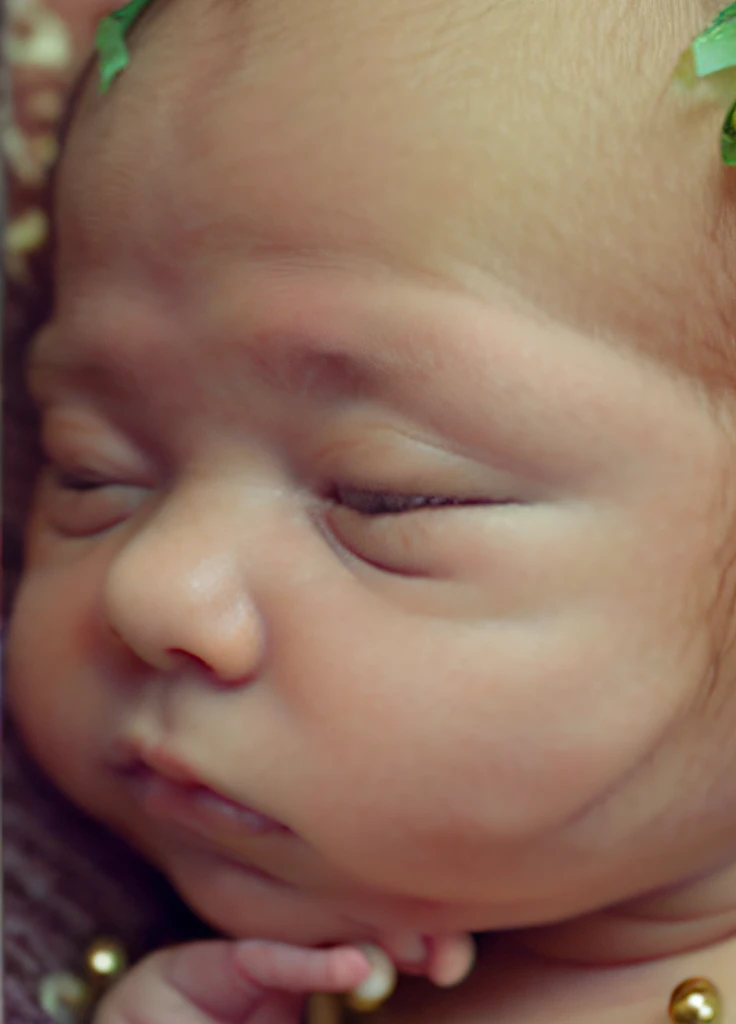 there is a baby that is wearing a green sweater, digitally painted, looks directly at camera, front portrait, front facing the camera, looking straight to camera, face enhanced, detailed portrait shot, high quality scan, saturated colorized, looking straight into camera, looking directly at the camera, looking to the side off camera, with very highly detailed face, staring directly into camera, add angelical face