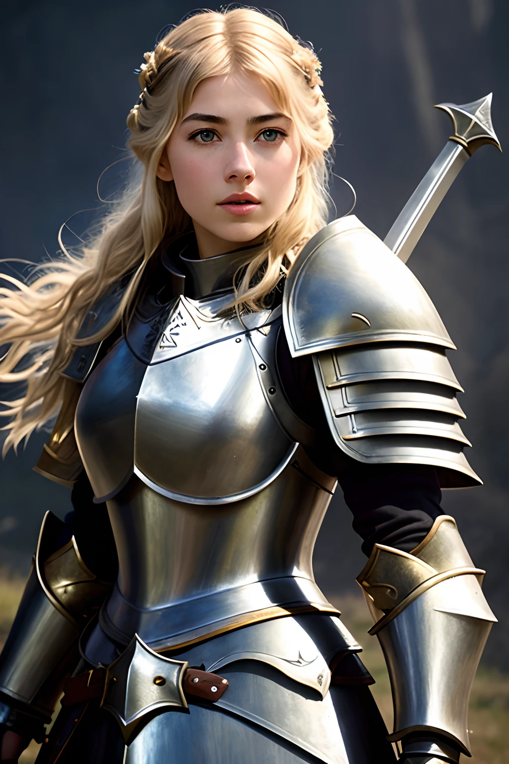 arafed woman in armor with a sword and a scarf, girl in knight armor, beautiful female knight, of a beautiful female knight, beautiful armor, gorgeous female paladin, imogen poots as a paladin, wearing fantasy armor, portrait of female paladin, portrait knight female, imogen poots as a d&d paladin