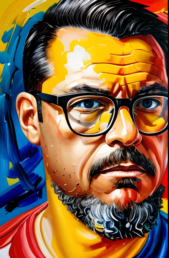 "A shoulder-up portrait in oil paint of a man wearing glasses, painted solely with primary colors - red, yellow, and blue, using thick brushstrokes, with a splash of black paint in the background."