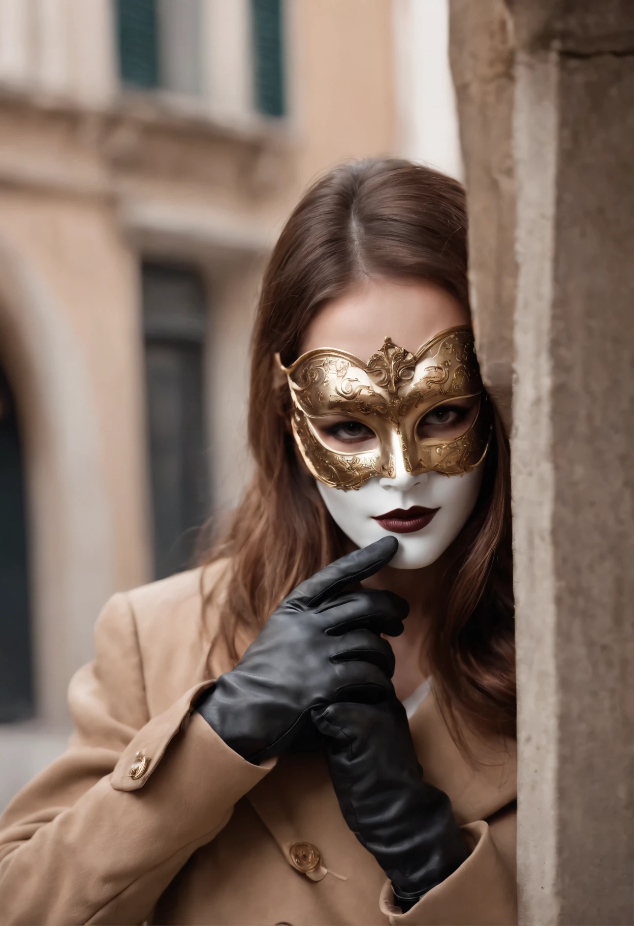 Venetian mask that covers the entire face　Black leather gloves　trench coat　long boots　femele
