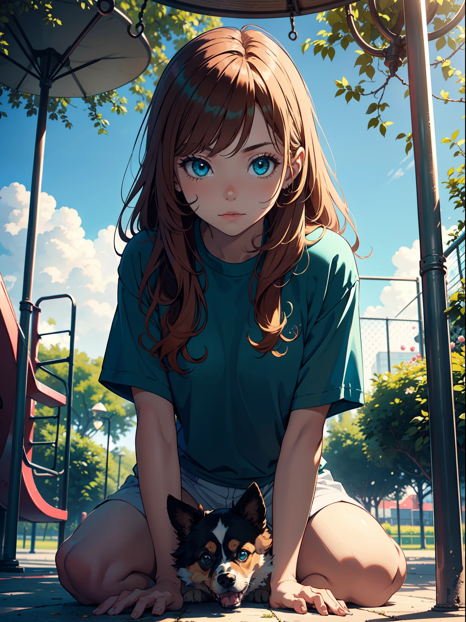 masterpiece, best quality, masterpiece, (1girl),solo, ginger hair, green blue eyes, playing with a pomeranian dog 🐶 , animal, very fluffy and hairy dog, small dog, the setting is a park with playground and ample space