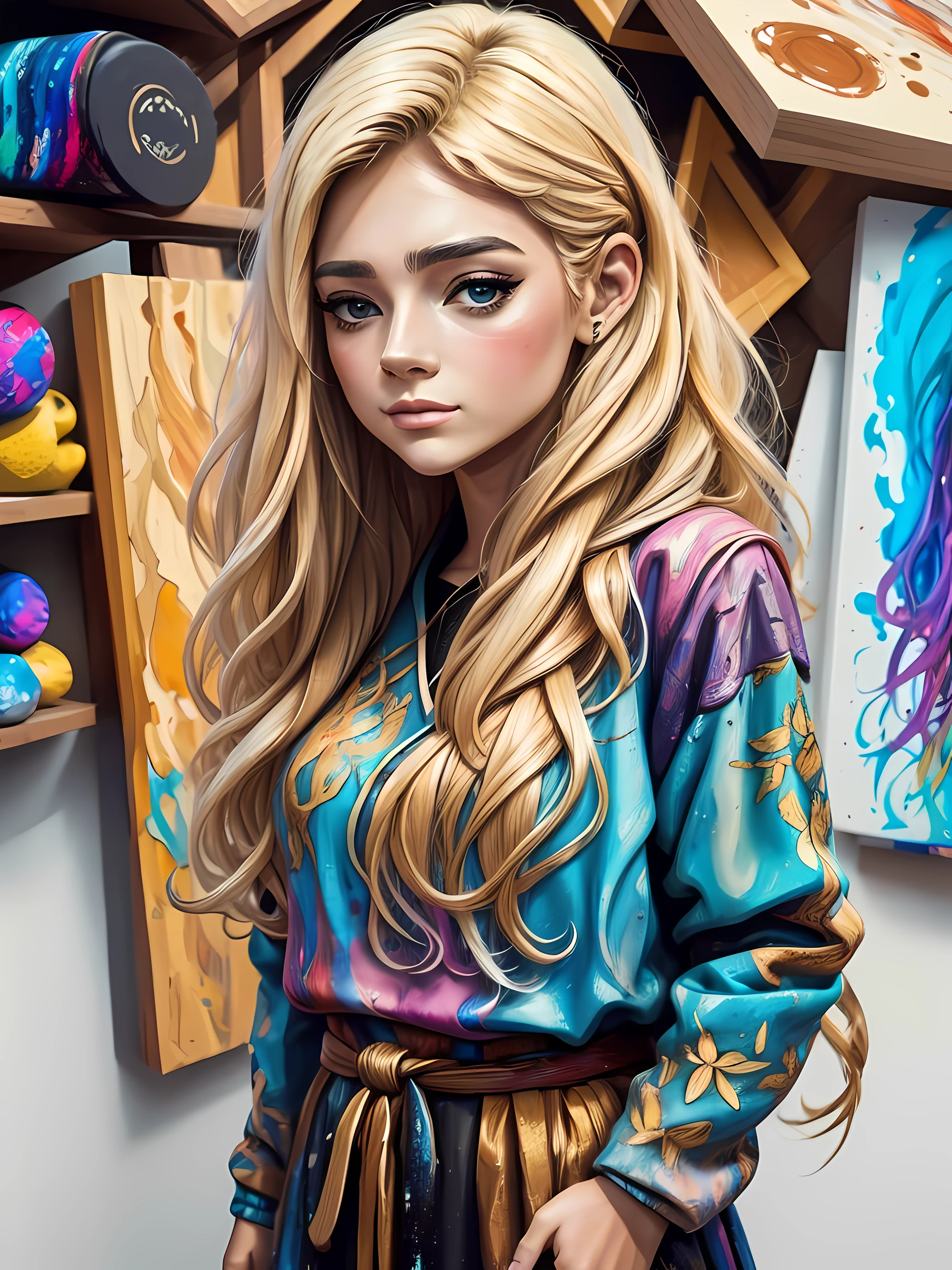 (((Arte poligonais simplificadas))), showing abstract and modern aesthetic of A woman with beautiful blonde hair wearing a cold winter blouse, (((pintura em arte poligonal abstrata))), beleza abstrata, Centrado, looking at the camera, Facing the camera, foco nítido, 8k, alta resolução, illustration, arte de Carne Griffiths e Wadim Kashin, fundo branco