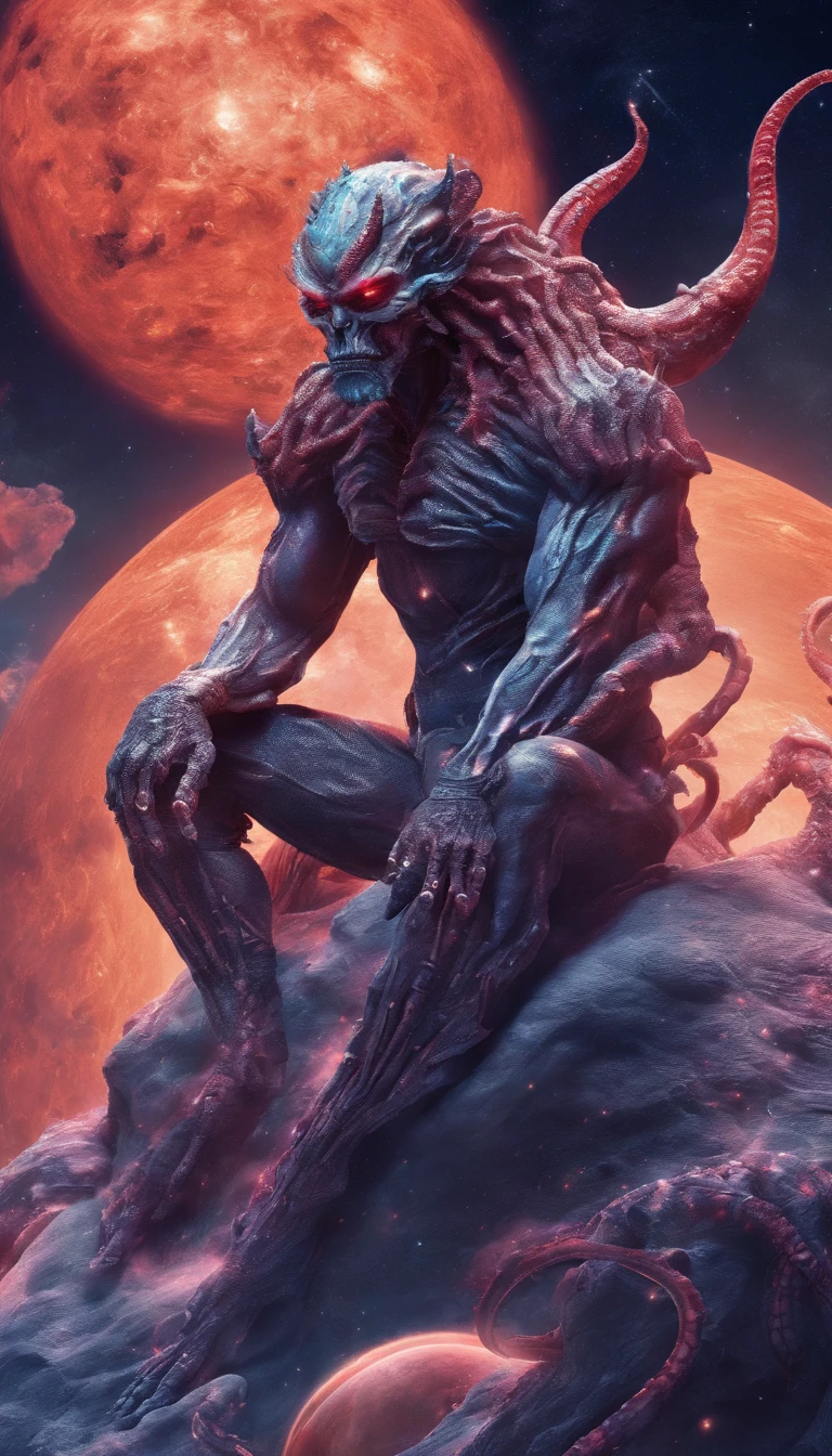 Universe, the demon man who destroys planets, pose sitting on planet earth, has nine tentacles, best quality, 4K quality