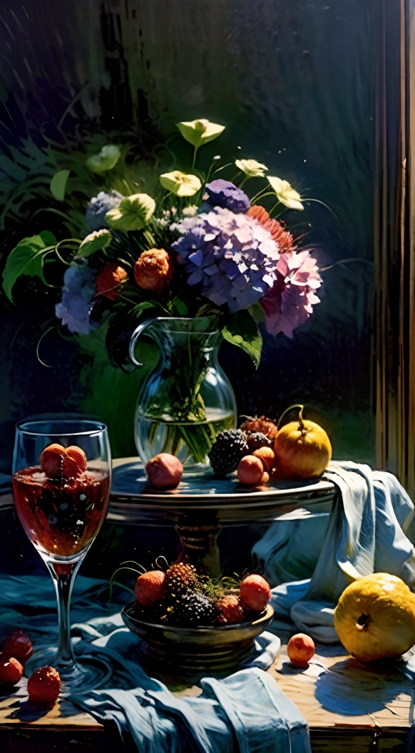 oil painting still life, in the historical interior environment, darkened room, cinematic lighting, contrast lighting, fruits and berries on a table, dark draped fabric, hydrangea flowers in the glass vase, fruits