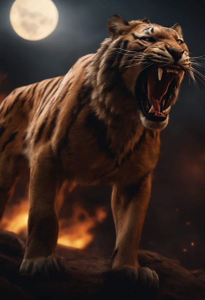 Strange monsters in a fantasy world，sabertooth tiger，Long canine teeth，Strong limbs，Covered in flames，Blood，Covered with thick spikes，Moon Night，中景 the scene is，Full body like， highly detailed surreal vfx，oc rendered，Shot with 70 mm - AR 16:9 --q 2 --s 1000