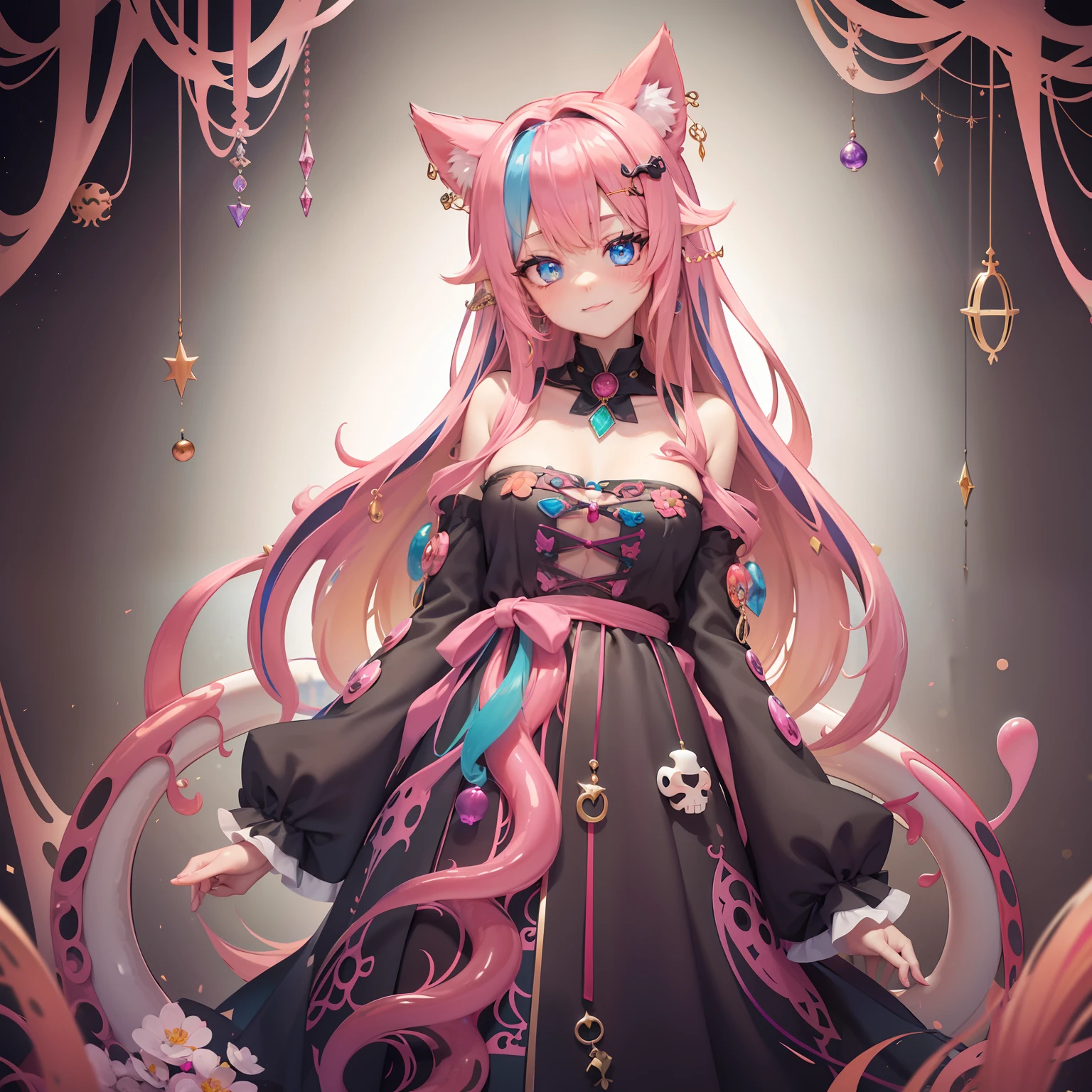 black hair, multicolored hair, curly hair, curtained hair, hair behind ear, long hair, messy hair, very long hair, wavy hair, hair two side up, crystal hair, cloud hair, tentacle hair, jewelry, bell, hair bell, fish hair ornament, jeweled branch of hourai, musical note hair ornament, skull hair ornament, snake hair ornament, dragon horns, whistle around neck, bone hair ornament, orange hairband, flower on head, pink hairband, leaf hair ornament, blue hairband, multicolored eyes, blank eyes, dilated pupils, x-shaped pupils, aqua eyes, glowing eyes, sparkling eyes, white eyes, red eyes, yellow eyes, sanpaku, purple eyes, heterochromia, ringed eyes, orange eyes, pink eyes, amber eyes, fox ears, crystal earrings, crescent earrings, cat ears, kemonomimi mode, ear blush, smile, upper teeth, ahegao, torogao, Surrealism, glowing light, sparkle, anime, Futurism, 8k, super detail, high quality, super detail, high details, best quality, 16k, highres, slime girl, slime,