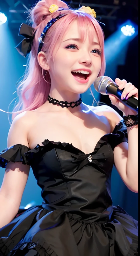 (ultra-detailliert), Cute princess dresses in black color,(frilly dress),(shortsleeves),Blue eyes,The upper part of the body、a closeup、faces、(A smile:1.5),(facing front:1.2), 20yr old, teens girl,no tail,(no tail),2D, masterpiece, top-quality, animesque,Band Group Vocals, a closeup, Singing a song on an electric guitar, Stand Microphone, Mouth open, A detailed eye, A detailed face, girl with, Only 1 person,Pink Hair Medium Hair, (Pink hair), Ear Hair, small tits, Single braid, (Single braid), (Side braid), Pink ribbon, Ribbon around the neck, (White sleeves), Background bokeh