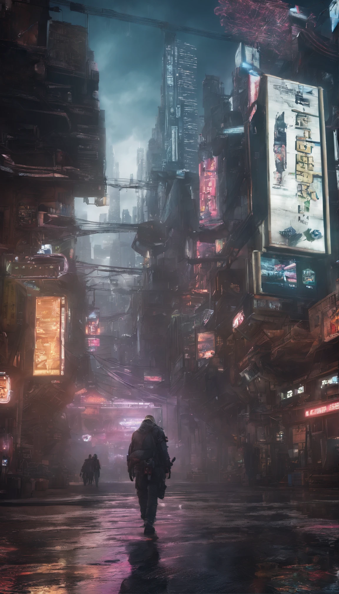 Cyberpunk style scientist，Semi-mechanized scientist，Combat posture，majestic-looking，The feeling of moving forward，Stunning colors。Set in a futuristic cyberpunk style city，the street，People with blurred vision，（Movie lighting），（light and shadow effect），（unreal-engine），（Tyndall），（cinema4d），（Super futuristic fantasy style），（8k wallpaper），（tmasterpiece），（Photography Award），realisticlying