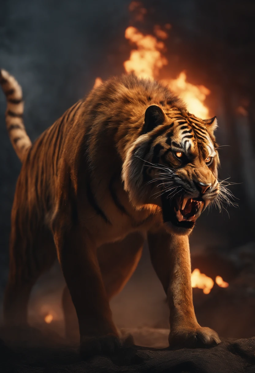Strange monsters in a fantasy world，sabertooth tiger，Long canine teeth，Strong limbs，Covered in flames，Blood，Covered with thick spikes，Moon Night，中景 the scene is，Full body like， highly detailed surreal vfx，oc rendered，Shot with 70 mm - AR 16:9 --q 2 --s 1000