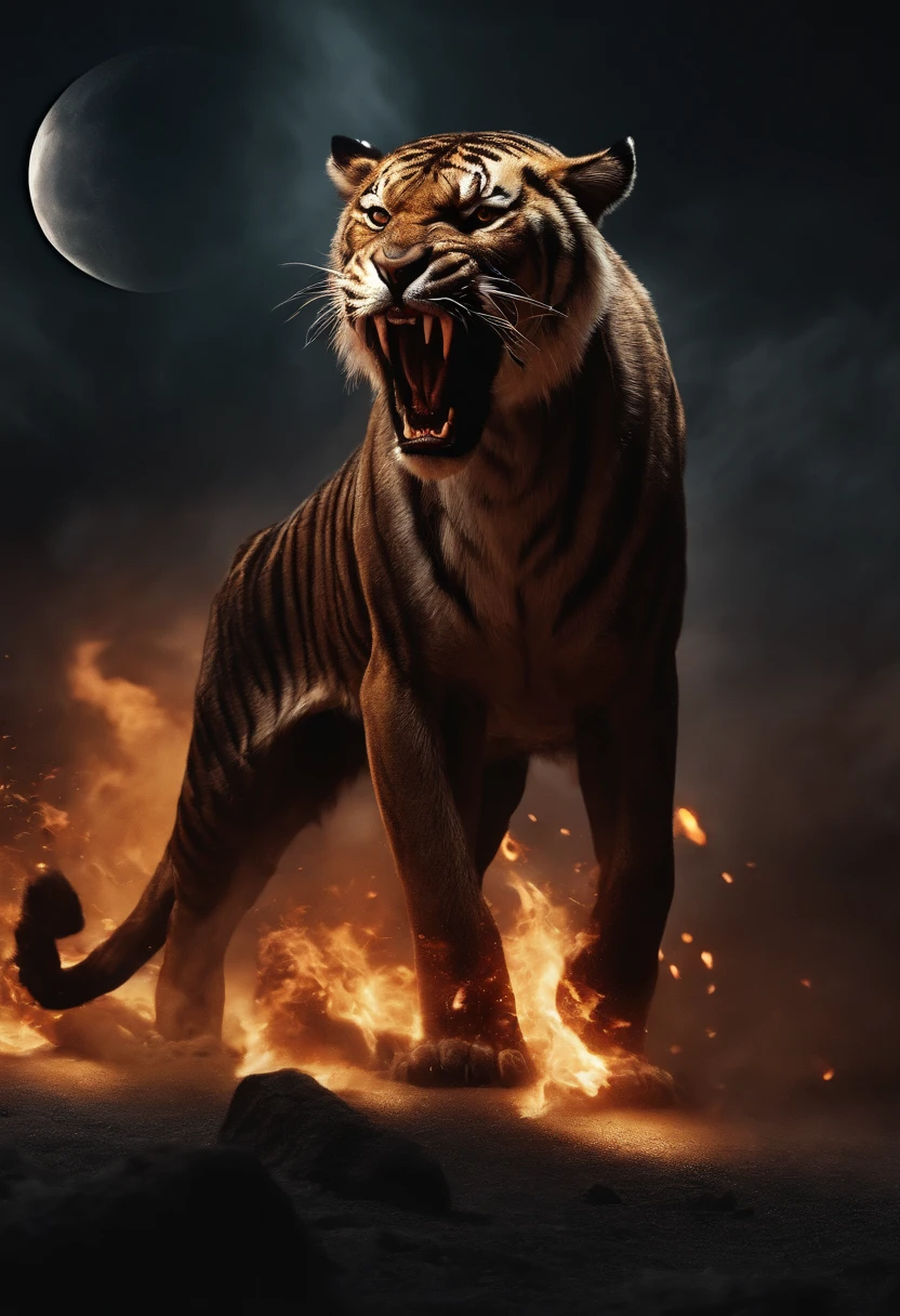 Strange monsters in a fantasy world，sabertooth tiger，Long canine teeth，Strong limbs，Covered in flames，Blood，Covered with thick spikes，Moon Night，中景 the scene is，Full body like， highly detailed surreal vfx，oc rendered，Shot with 70 mm - AR 16:9 --q 2 --s 1000