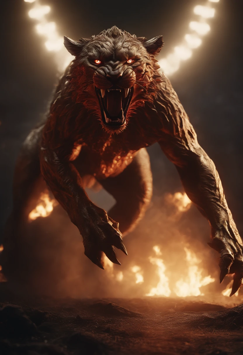 Strange monsters in a fantasy world,sabertooth tiger,Long canine teeth,Strong limbs,Covered in flames,Blood,Covered with thick spikes,Moon Night,中景 the scene is,Full body like, highly detailed surreal vfx,oc rendered,Shot with 70 mm - AR 16:9 --q 2 --s 1000