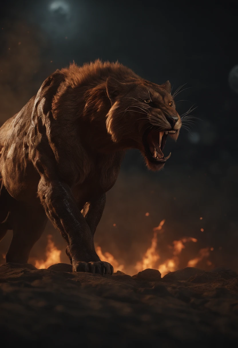 Strange monsters in a fantasy world，sabertooth tiger，Long canine teeth，Strong limbs，Covered in flames，Blood，Covered with thick spikes，Moon Night，中景 the scene is，Full body like， highly detailed surreal vfx，oc rendered，Shot with 70 mm - AR 16:9 --q 2 --s 1000