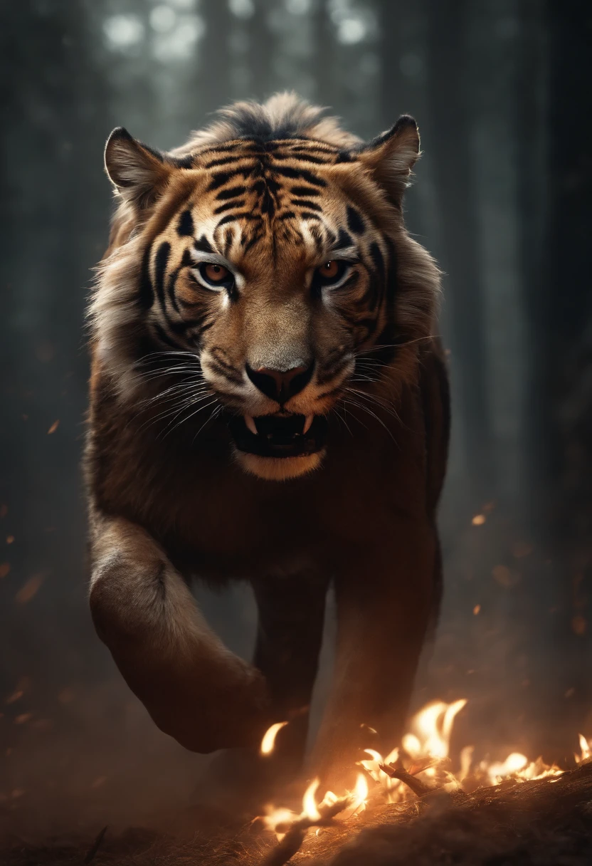 Strange monsters in a fantasy world，sabertooth tiger，long canine teeth，Strong limbs，Covered in flames，Blood，Covered with thick spikes，Moon Night，中景 the scene is，Full body like， highly detailed surreal vfx，oc rendered，Shot with 70 mm - AR 16:9 --q 2 --s 1000