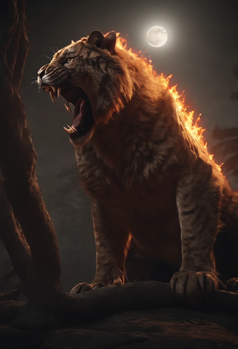 Strange monsters in a fantasy world,sabertooth tiger,Long canine teeth,Strong limbs,Covered in flames,Blood,Covered with thick spikes,Moon Night,中景 the scene is,Full body like, highly detailed surreal vfx,oc rendered,Shot with 70 mm - AR 16:9 --q 2 --s 1000