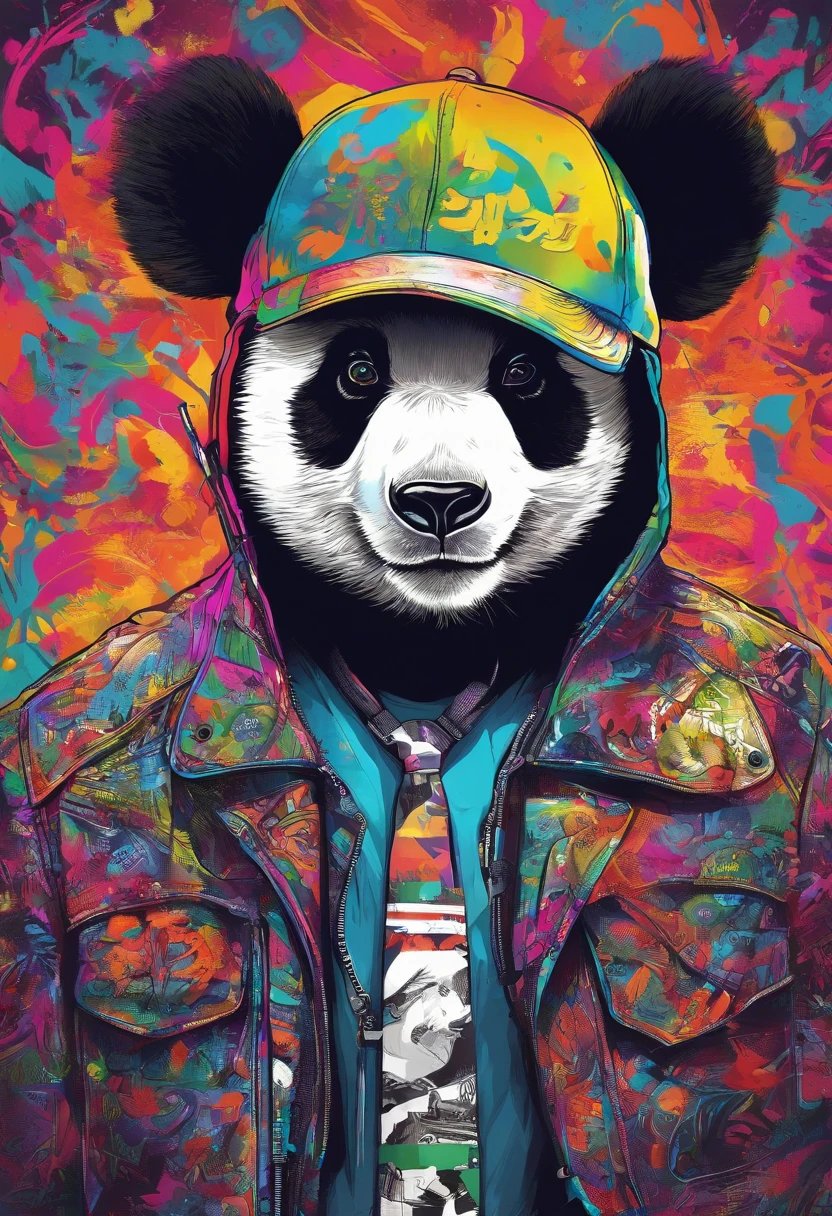 A painting of a cool panda wearing a hat，Popular at art stations，dressed in punk clothing，Detailed hyper-realistic rendering，British gang members，Street style，intimidating pose，planet of cats，Stylish clothes，urbansamurai，Mewtwo，West Slavic features，8 1 5，Animate