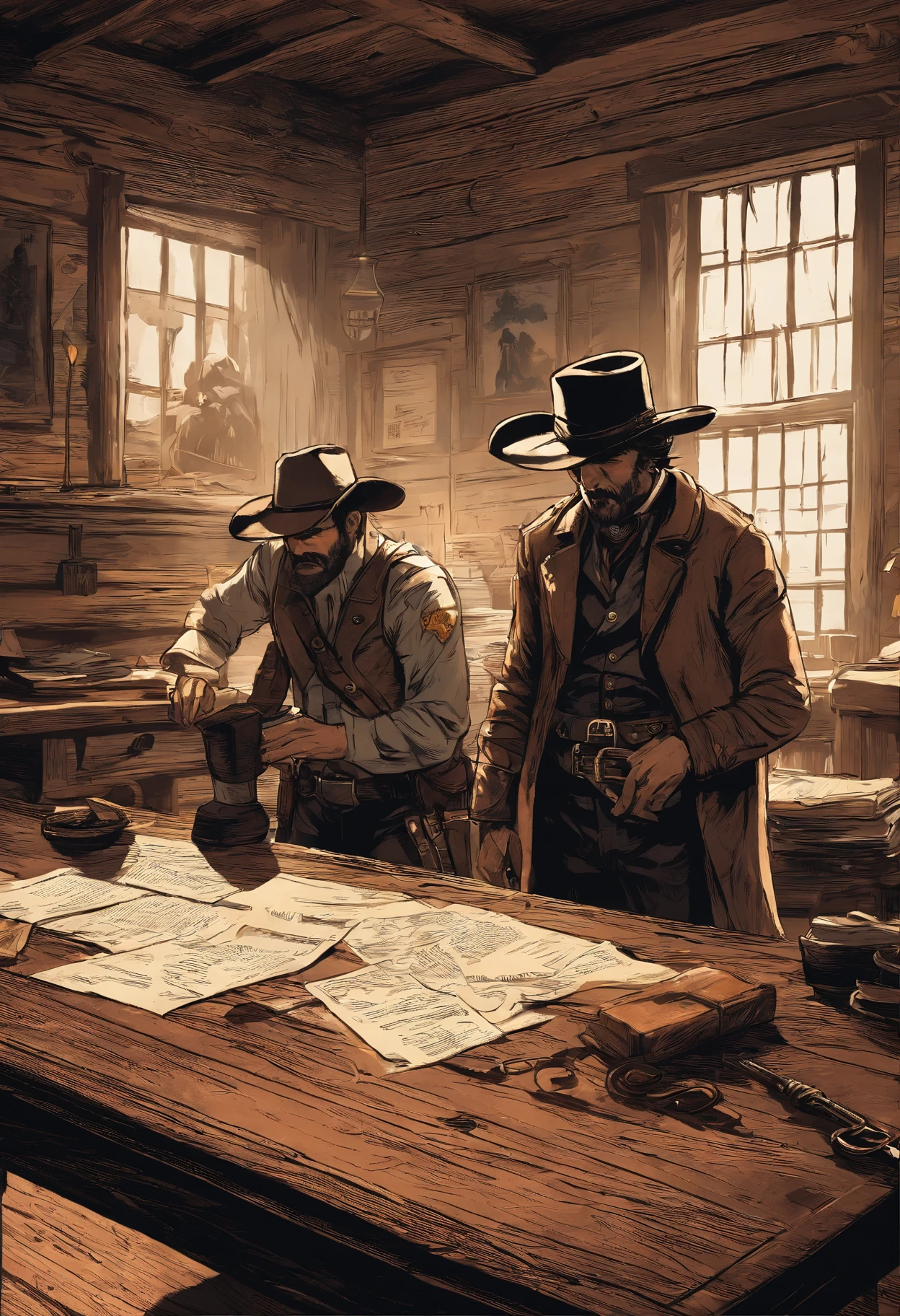 (best quality,4k,8k,highres,masterpiece:1.2),ultra-detailed,(realistic,photorealistic,photo-realistic:1.37),red dead redemption 2 artwork style,dark room,1899 western style,sheriff office,sheriff office decoration, 6 sheriffs standing in front of a table,sheriff hat,sheriff badge,wooden desk,oil painting texture,vintage atmosphere,vibrant colors,soft lighting,Wanted posters hanging on the wall,old wooden walls and floors,strong shadows,leather chairs,dusty air,aged artifacts,authentic costumes,cowboy boots,revolver holsters,jail cells in the background,old documents on the desk,authentic western rifles,antique furniture,sunlight streaming through the window,whiskey bottles on the table,handwritten letters,fireplace with a flickering flame,a painting of the wild west landscape in the background,6 men, 6 sheriffs standing