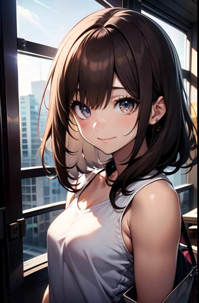 ((masterpiece,best quality anime,Highest quality:1.3)),realistic,portrait、upper body,1woman,(30 year old beauty),((very small head:1.4)),((very long body:1.4)),((short bob hair)),black hair,(gorgeous big eyes),black eyes,smile,((slender body:1.4,skinny:1.3)),medium breasts(Punk Fashion、navel、Tank top,Black leather mini skirt),oily skin,gleaming skin,shiny skin,standing,on street,New York City、