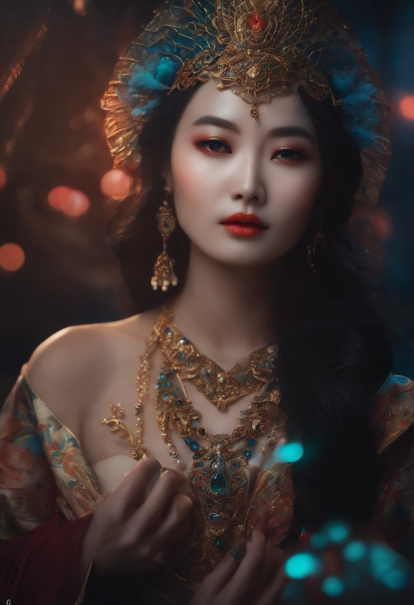 Chinese woman,The colors are weird,bust,magia,Cosmic Fallen Angel, glowing light eyes, Biomechanical, eerie, Creepy, nightmarish, Very bright colors, Light particles, with light glowing, Mshiv, wallpaper art, UHD wallpaper