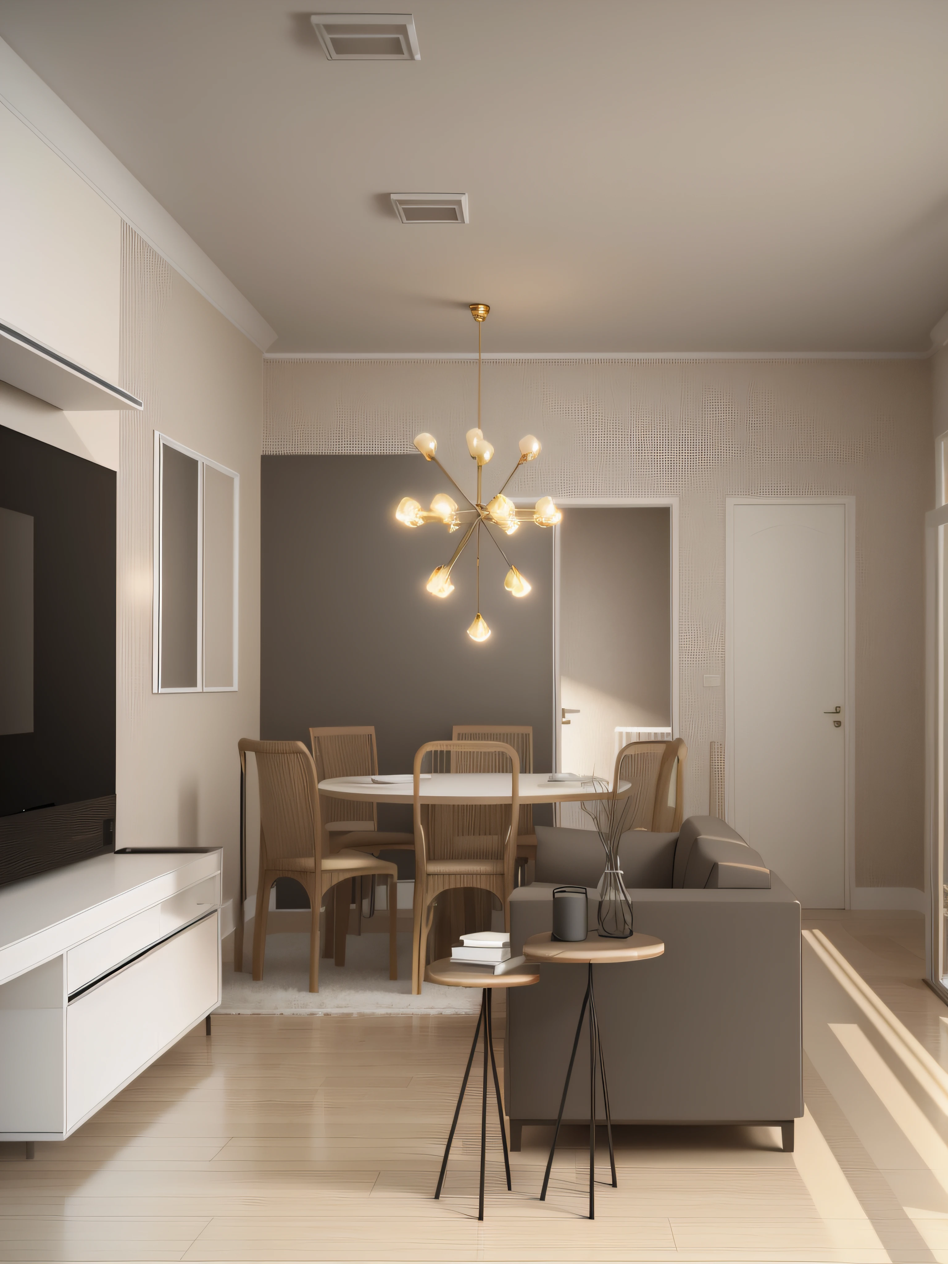 a representation of a living room with a dining table and a television, quadros nas paredes, sem janelas, carpet on the ground, painel mdf, papel de parede, portas ao fundo, Piso transparente, 2 d render, sem janelas, quadros nas paredes, Ceiling lighting, lustre aceso, luzes acesas, tons claros, sala de estar interior, 3D-rendering, 3D rendering, Apartamento com paredes pretas, design de apartamentos, Renderizando no Enscape, in style of 3d render, enscape render, comprehensive 2 d render, interior de uma sala de estar, 3D-rendering, 3D-rendering