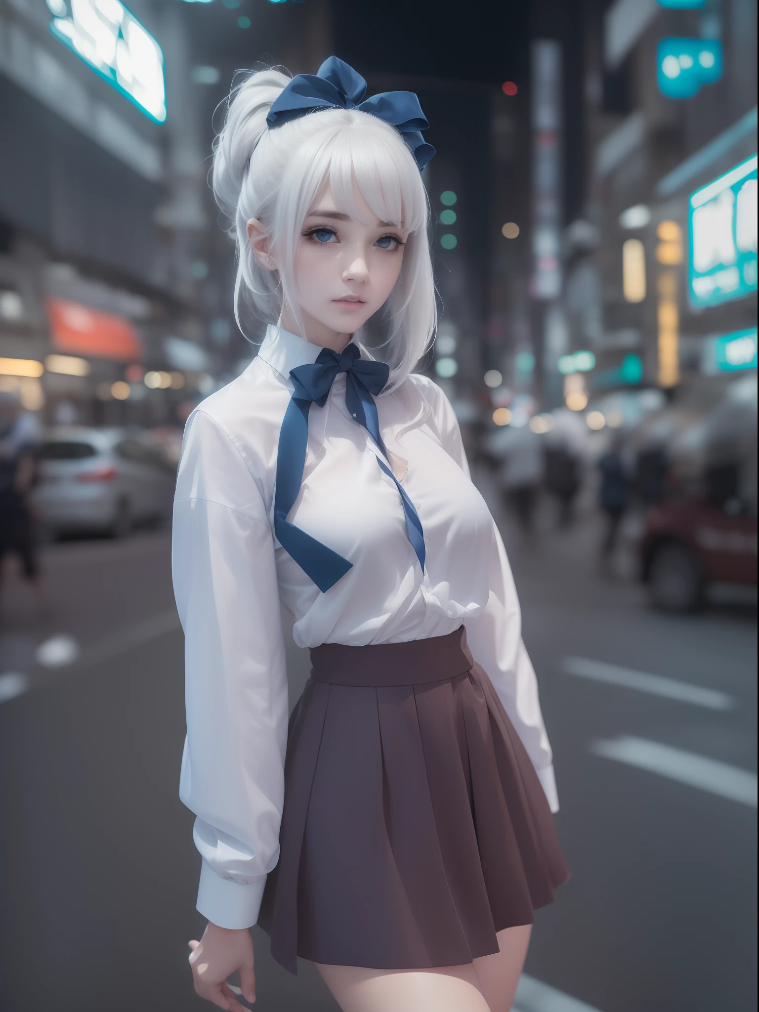 (8k, RAW photo, masterpiece:1.3), (realistic, photo-realistic:1.37), (night), (looking at viewer:1.331), (white hair), posing, Tokyo street, nightcityscape, cyberpunk city, soft light, 1girl, extremely beautiful face, bust, put down hands, Random hairstyle, Random expression, big eyes, lower abdomen, (short-sleeved .JK_shirt), JK_style, (dark blue JK_skirt), (bow JK_tie), mix4., best quality