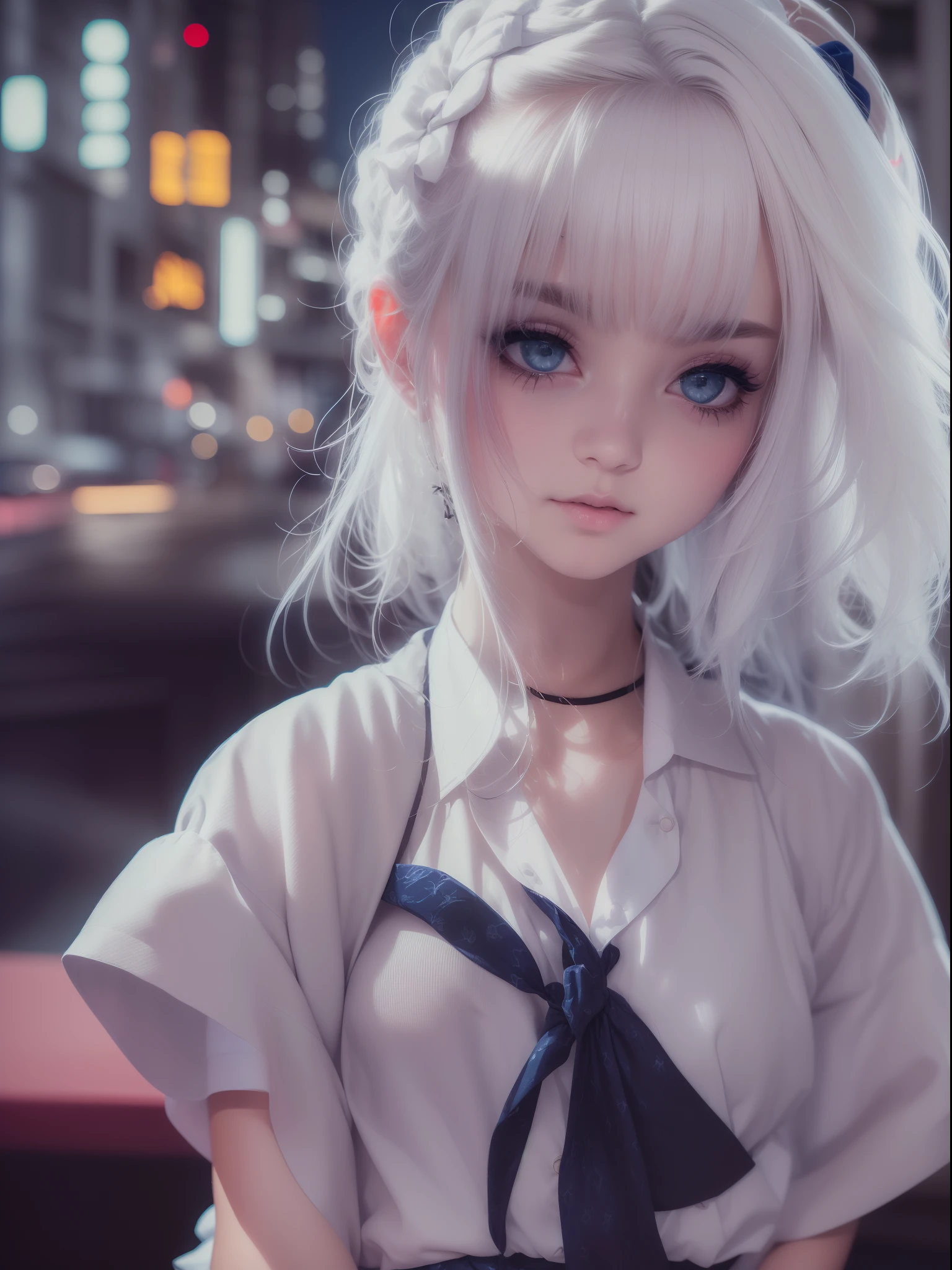 (8k, RAW photo, masterpiece:1.3), (realistic, photo-realistic:1.37), (night), (looking at viewer:1.331), (white hair), posing, Tokyo street, nightcityscape, cyberpunk city, soft light, 1girl, extremely beautiful face, bust, put down hands, Random hairstyle, Random expression, big eyes, lower abdomen, (short-sleeved .JK_shirt), JK_style, (dark blue JK_skirt), (bow JK_tie), mix4., best quality