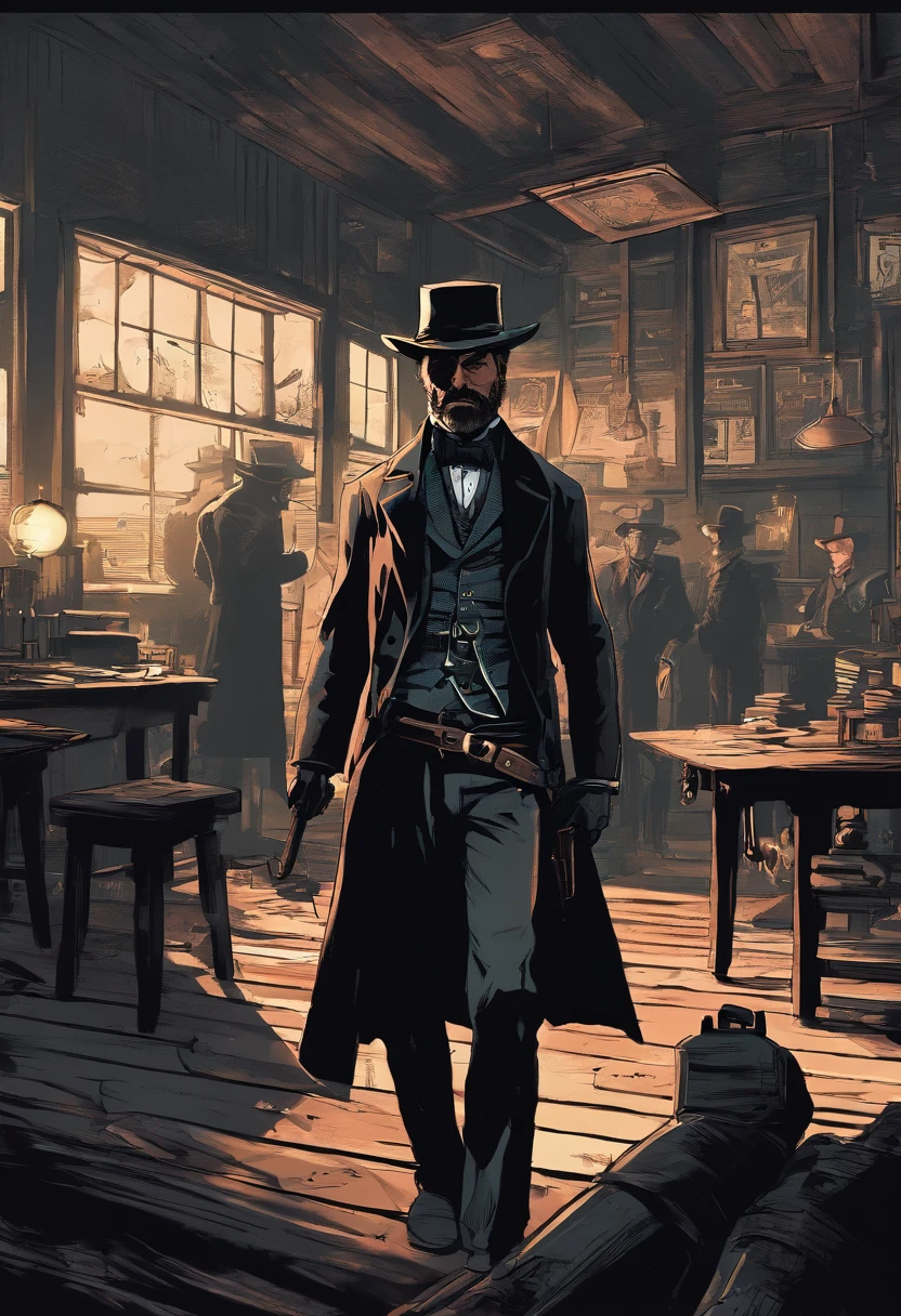 (best quality, 4k, highres, masterpiece:1.2), (realistic:1.37), ultra-detailed, Red Dead Redemption 2 art style, Pinkerton detective, Pinkerton detective in a suit, western town of Saint Denis in 1907, dimly lit room, six Pinkerton agents standing around a table, Pinkerton detective's office, black suits.