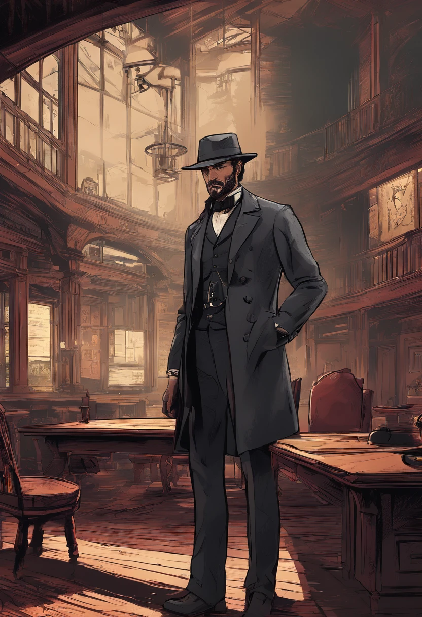 (best quality, 4k, highres, masterpiece:1.2), (realistic:1.37), ultra-detailed, Red Dead Redemption 2 art style, Pinkerton detective, Pinkerton detective in a suit, western town of Saint Denis in 1907, dimly lit room, six Pinkerton agents standing around a table, Pinkerton detective's office, black suits.