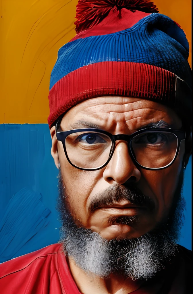 "A shoulder-up portrait in oil paint of a man wearing glasses, painted only with primary colors - red, amarelo, e azul, usando pinceladas grossas, com um toque de tinta preta no fundo."